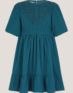 Crochet Yoke Tiered Dress Blue