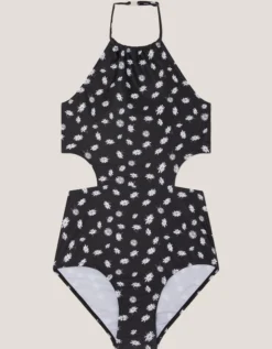 Daisy Cut-Out Halter Swimsuit Black