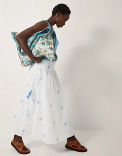 Daisy Embroidered Floral Midi Skirt White