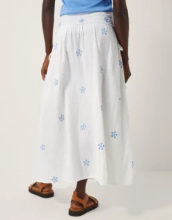 Daisy Embroidered Floral Midi Skirt White
