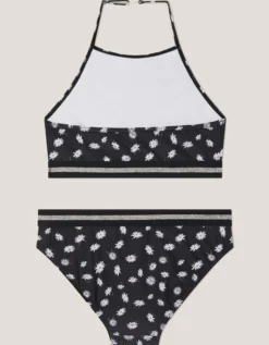 Daisy Print Halter Bikini Set Black