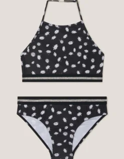 Daisy Print Halter Bikini Set Black