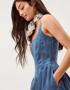 Delia Square Neck Denim Midi Dress Blue