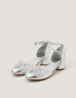 Diamanté Flower Block Heels Silver