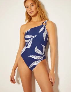 Dinah One-Shoulder Leaf Print Swimsuit Blue