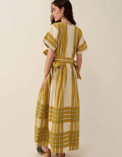 East Alana Hand-Woodblock Stripe Dress Yellow
