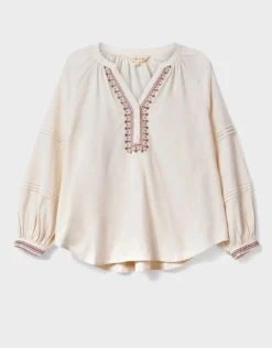 East Aralia Embroidered Cotton Blouse Camel