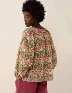 East Aurelie Hand-Woodblock Botanical Print Cotton Top Multi