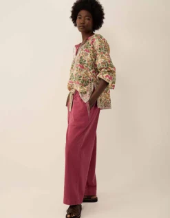 East Aurelie Hand-Woodblock Botanical Print Cotton Top Multi