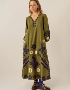 East Bella Embroidered Cotton Twill Dress Green