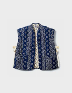 East Celine Printed Textured Cotton Gilet Blue