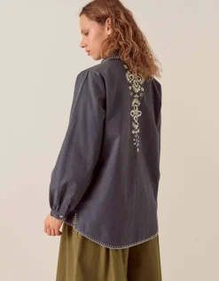 East Cora Floral Embroidered Cotton Shirt Blue