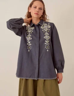 East Cora Floral Embroidered Cotton Shirt Blue