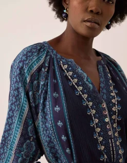 East Gabriette Geometric Print Embroidered Dress Blue
