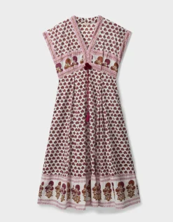 East Karmen Hand Woodblock Cotton Dress Pink