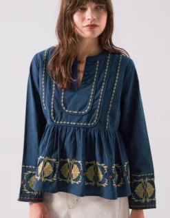 East Katie Embroidered Peplum Blouse Teal