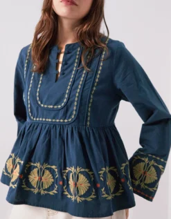 East Katie Embroidered Peplum Blouse Teal