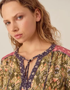 East Kiku Ikat Printed Top Green