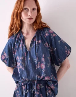 East Layla Floral Print Cotton Top Blue