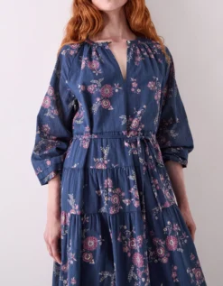 East Layla Floral Print Cotton Midi Dress Blue