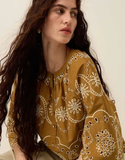 East Leni Floral Broderie Cotton Poplin Top Green