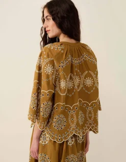East Leni Floral Broderie Cotton Poplin Top Green