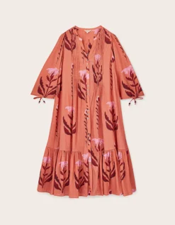 East Maisie Botanical Print Cotton Seersucker Dress Orange