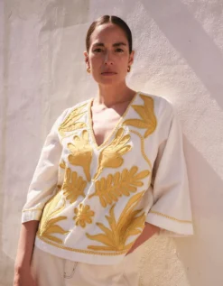 East Mella Hand-Appliqué Cotton Top White