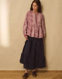 East Reiko Hand-Woodblock Botanical Print Top Purple