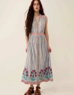 East Rylea Placement Print Cotton Midi Dress Blue