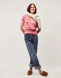 Edie Floral Embroidered Short Sleeve Jumper Pink