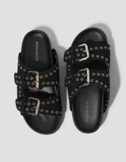 Elena Stud Buckle Sandals Black