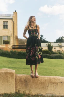 Eleni Floral Embroidered Midi Dress Black