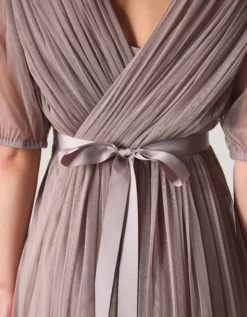 Ellie Sheer Sleeve Plunge Tulle Maxi Dress Mink