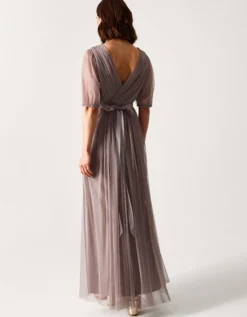 Ellie Sheer Sleeve Plunge Tulle Maxi Dress Mink