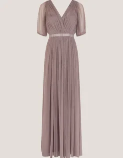 Ellie Sheer Sleeve Plunge Tulle Maxi Dress Mink