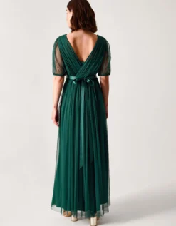 Ellie Sheer Sleeve Plunge Tulle Maxi Dress Green