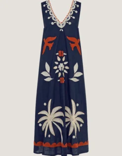 Eloise Tropical Embroidered Midi Dress Blue