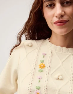 Elsie Floral Embroidered Cable Knit Jumper Ivory