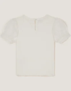Embellished Puff Sleeve Bow T-Shirt Ivory
