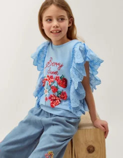 Embellished Strawberry Broderie Ruffle Top Blue