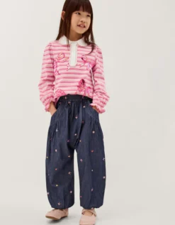 Embroidered Chambray Cuffed Trousers Blue
