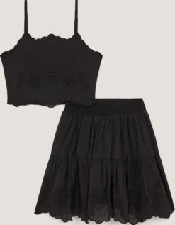 Embroidered Cotton Top & Skirt Set Black