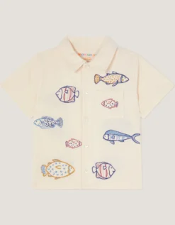 Embroidered Fish Short Sleeve Shirt Ivory