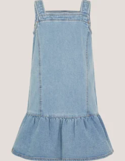 Embroidered Frill Denim Dress Blue