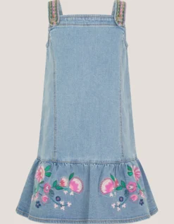 Embroidered Frill Denim Dress Blue
