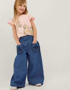 Embroidered Pocket Chambray Trousers Blue