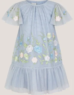 Emilia Embroidered Drop Waist Party Dress Blue