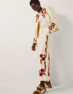 Emilia Floral Embroidered Trousers Ivory