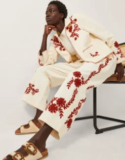 Emilia Floral Embroidered Trousers Ivory